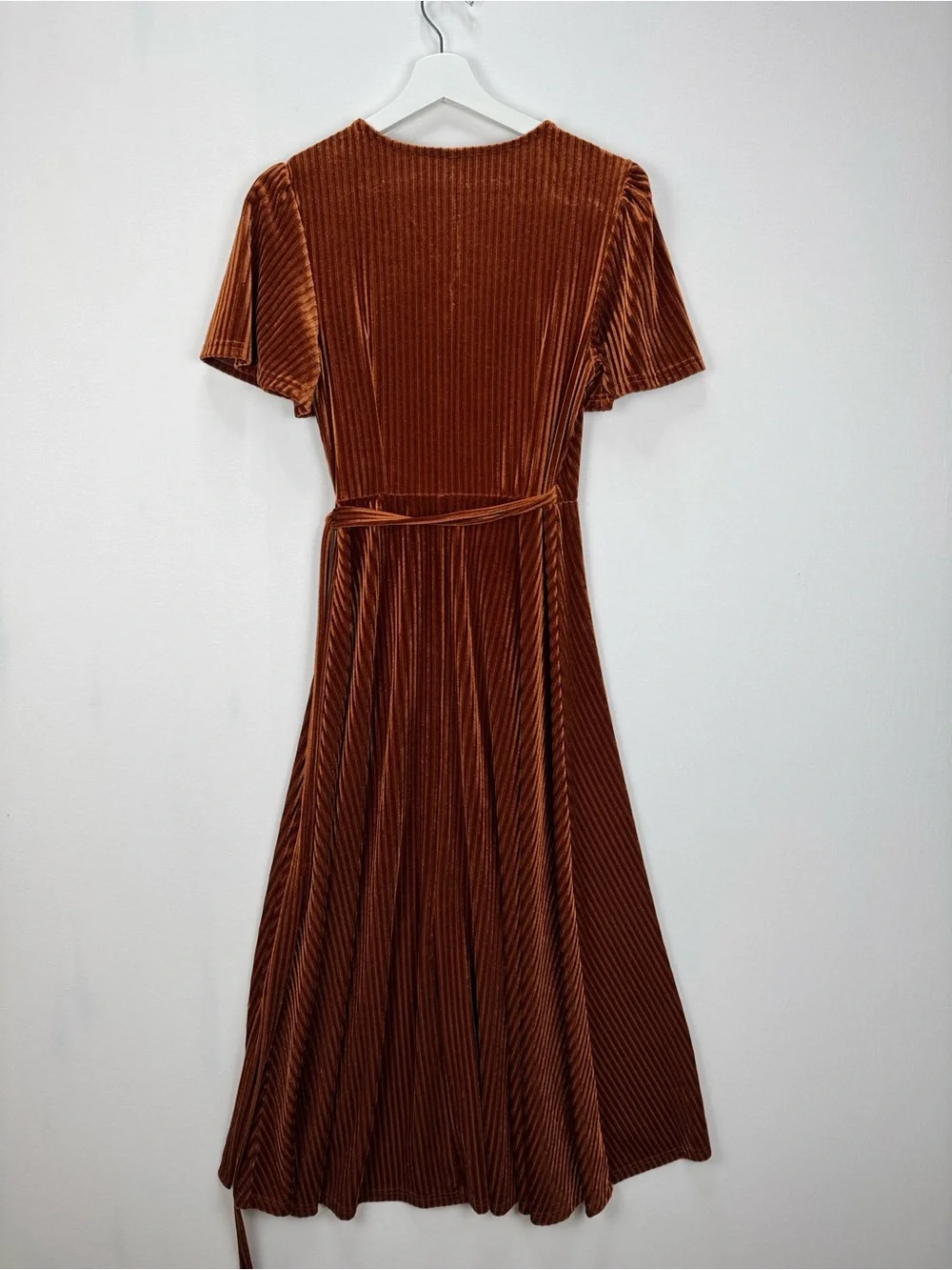 Women’s Burnt Orange Velvet Wrap Midi Dress XS Pleated Short Sleeve